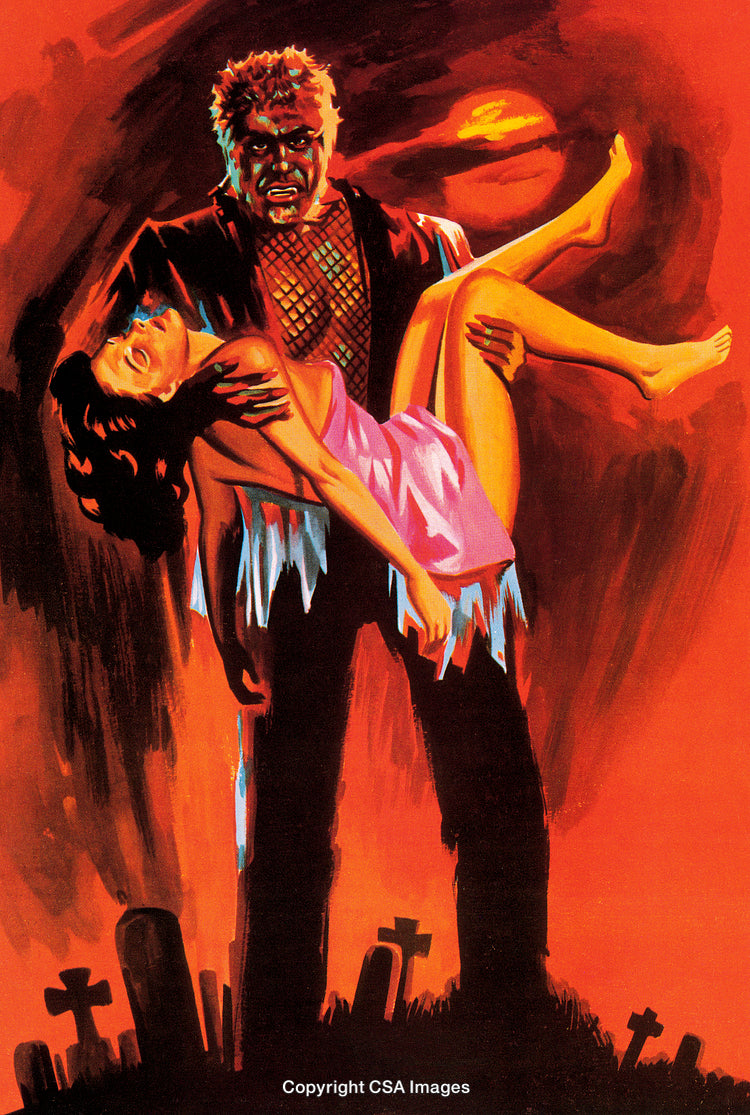 Monstrous Figure Carrying Woman in Fiery Gothic Cemetery Scene at Night