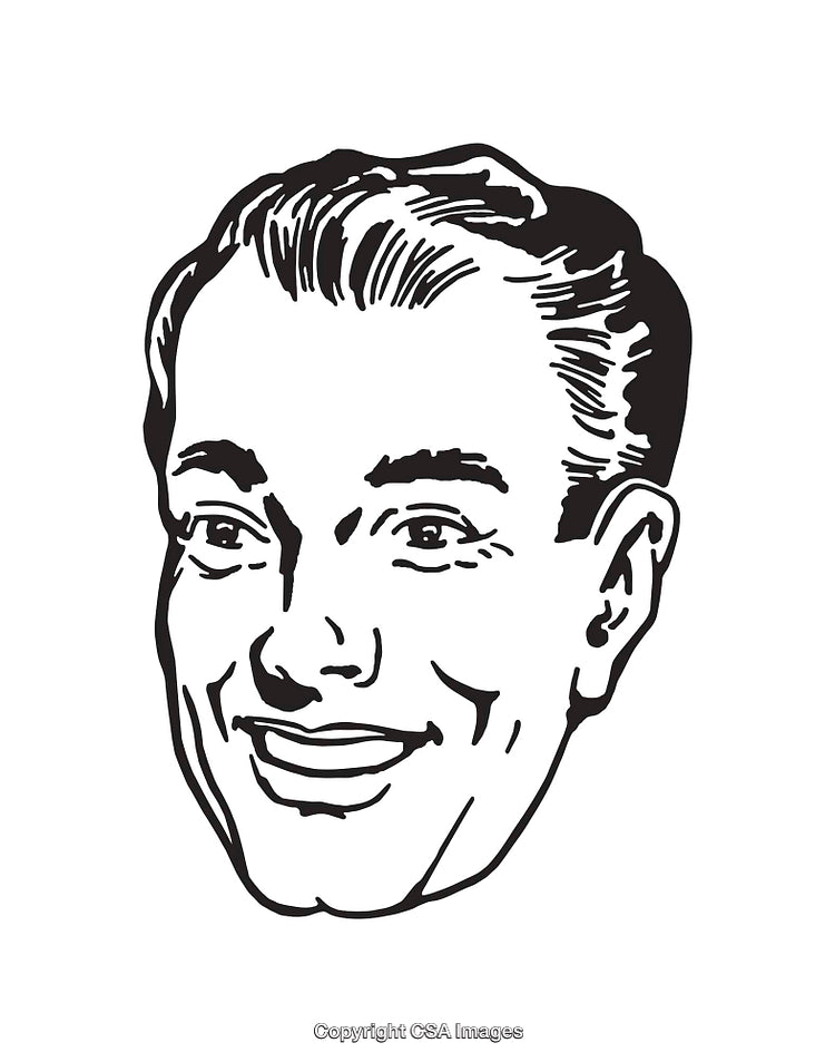 Retro Black And White Illustration of Smiling Man's Face in Line Art Style