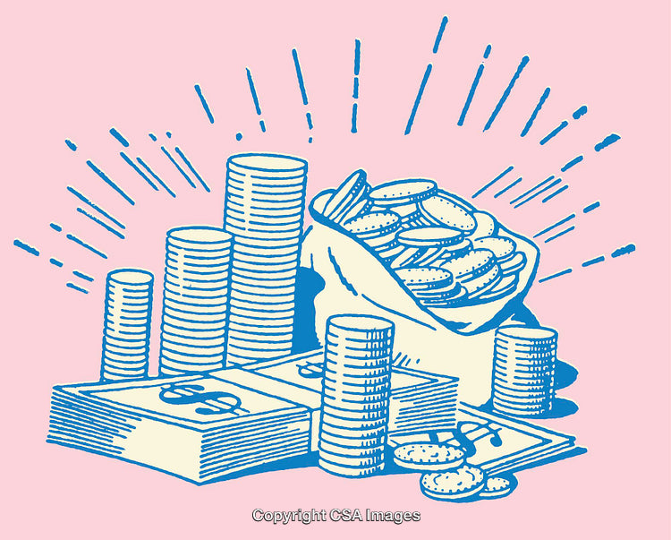 Stacked Coins and Dollars on a Pink Background Depicting Wealth