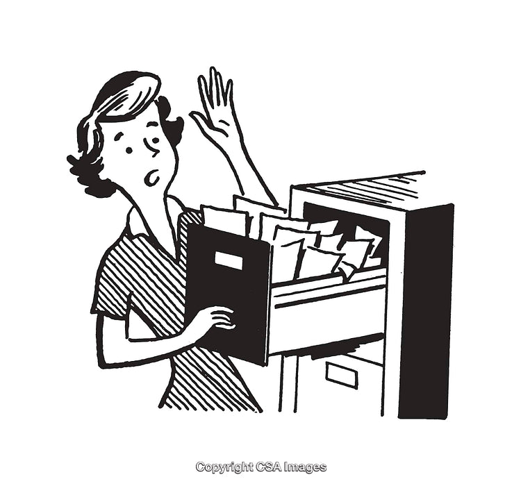Vintage Illustration of a Woman Handling Files in a Filing Cabinet