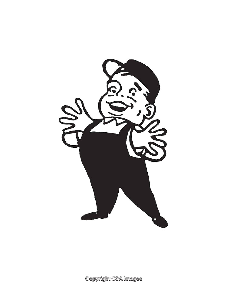 Retro Black and White Illustration of a Friendly Character Smiling Cheerfully