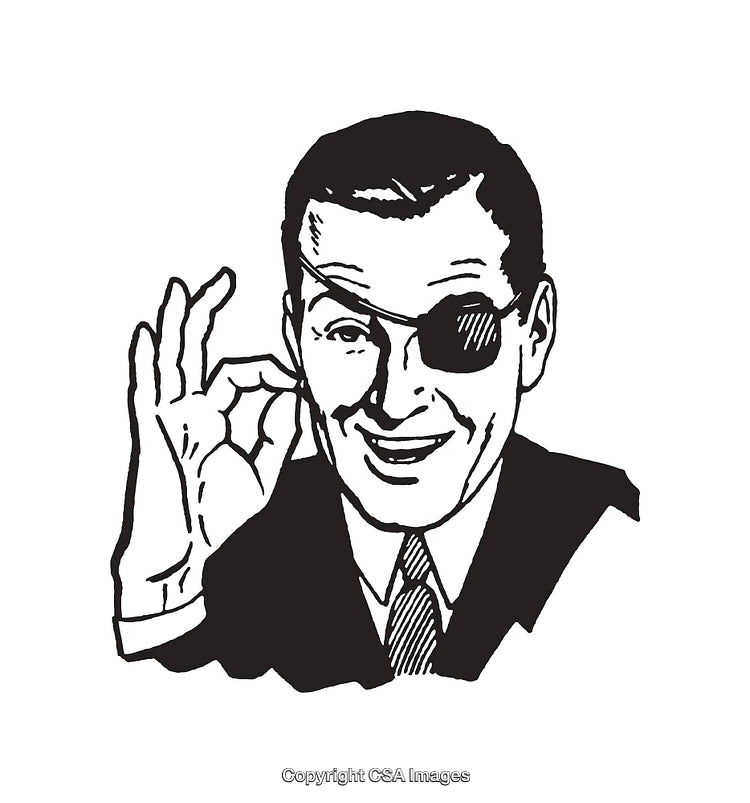 Retro Black and White Illustration of Man with Eyepatch Smiling