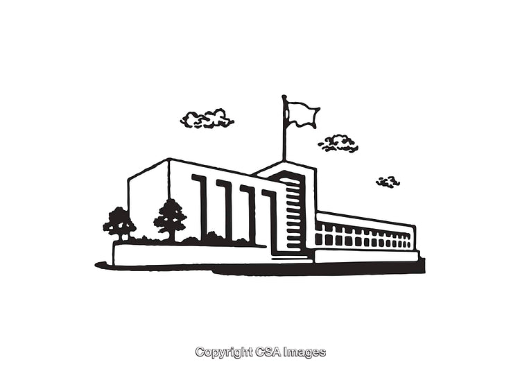 Simple Black and White Line Art of a Building With a Flag