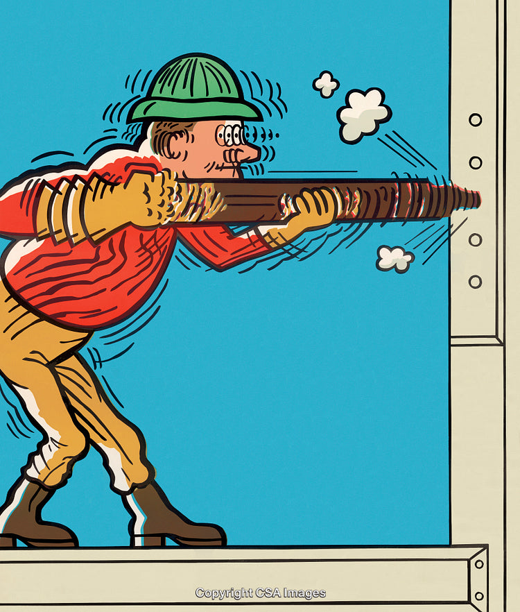 Animated Worker Drilling Through Metal with Dynamism and Vibrant Colors