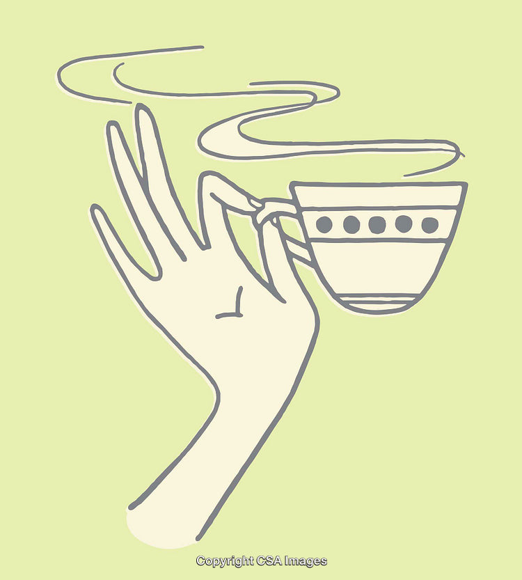 Elegant Line Art of Hand Holding a Steaming Cup on Green Background