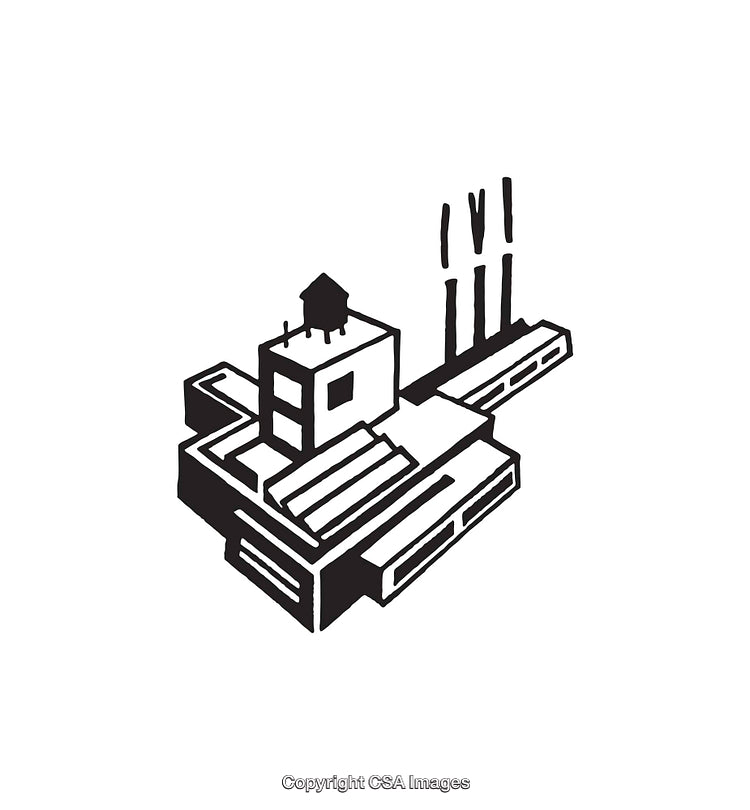 Black and White Line Art of a Factory with Stylized Details