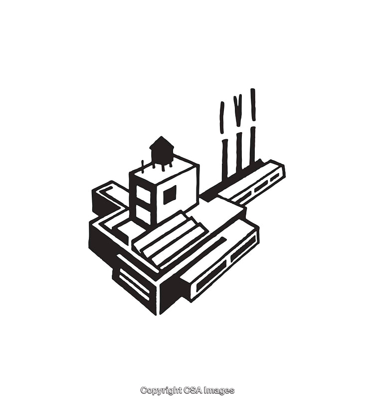 Black and White Line Art of a Factory with Stylized Details