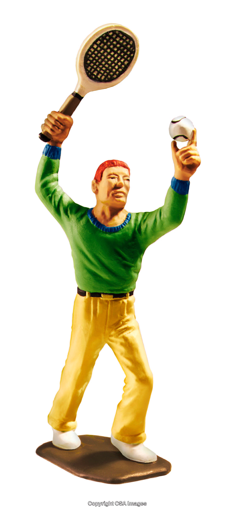 Toy Figurine Holding a Tennis Racket and Ball on a White Background