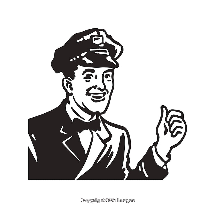 Retro Black and White Illustration of a Cheerful Uniformed Man Giving a Thumbs Up