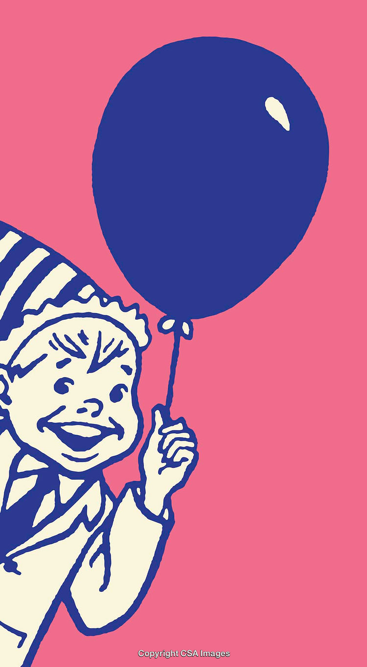Cheerful Child With Party Hat Holding a Balloon on Bright Background