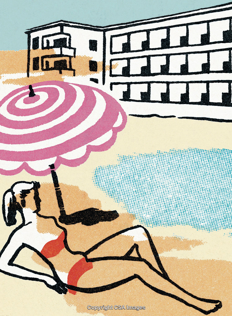 Illustrated Woman Relaxing by a Poolside with Resort Buildings in Background