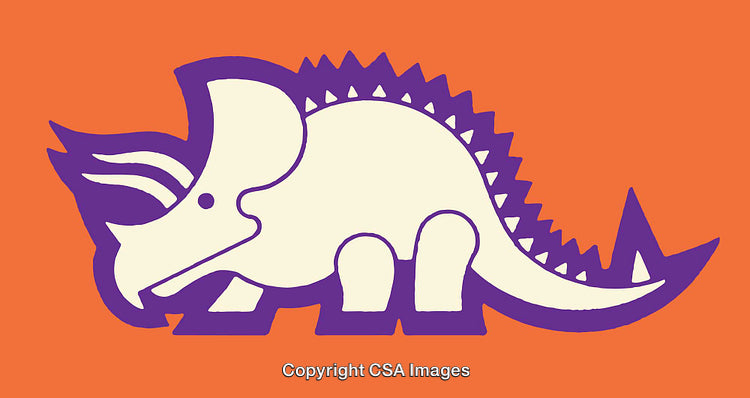 Colorful Dinosaur Illustration with Triceratops and Stegosaurus Features on Orange Background