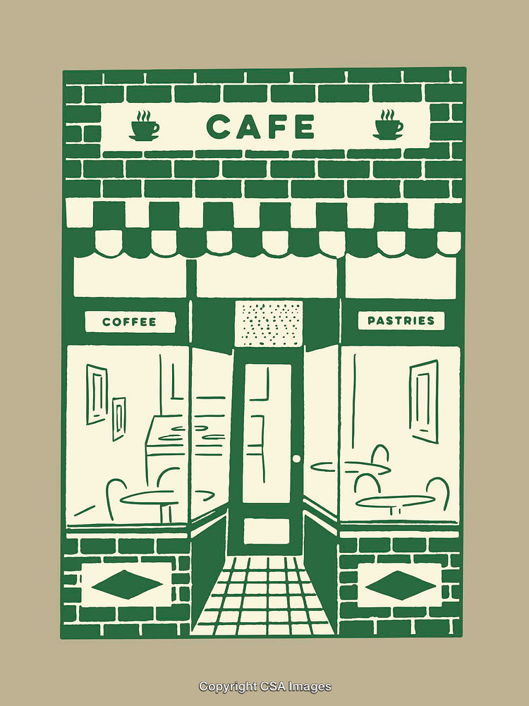 Vintage Green and Beige Line Art Cafe Illustration