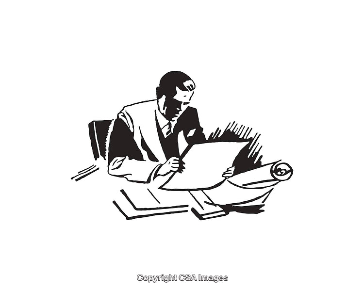 Vintage Illustration of a Businessman Studying Documents in Detail