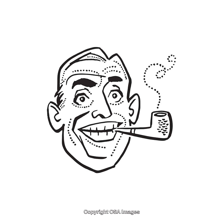 Retro Black and White Line Drawing of a Smiling Man with Pipe