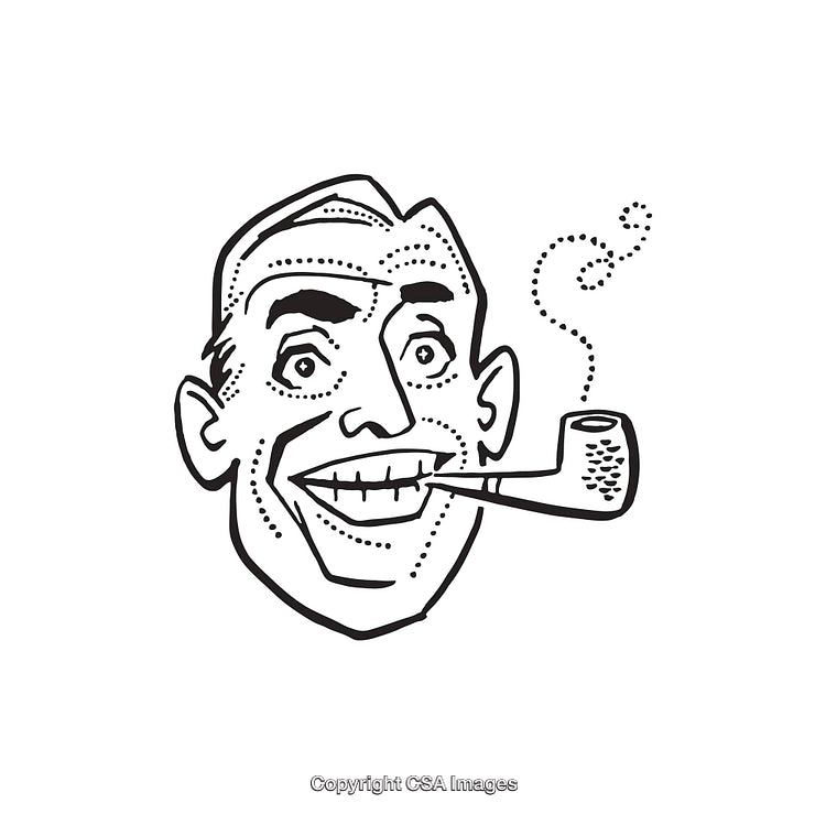 Retro Black and White Line Drawing of a Smiling Man with Pipe