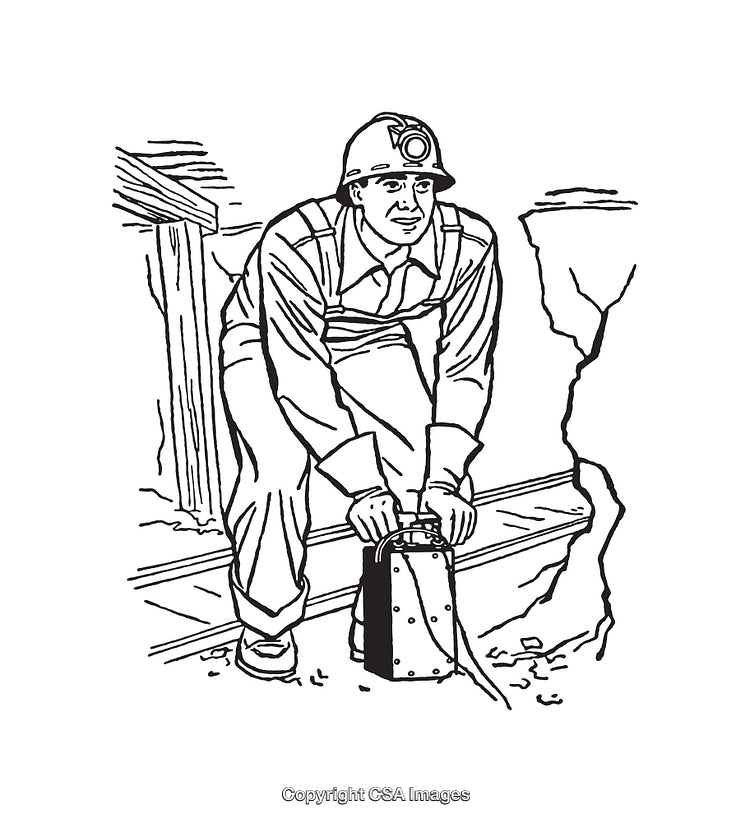 Black and White Line Art Drawing of a Miner Operating Equipment