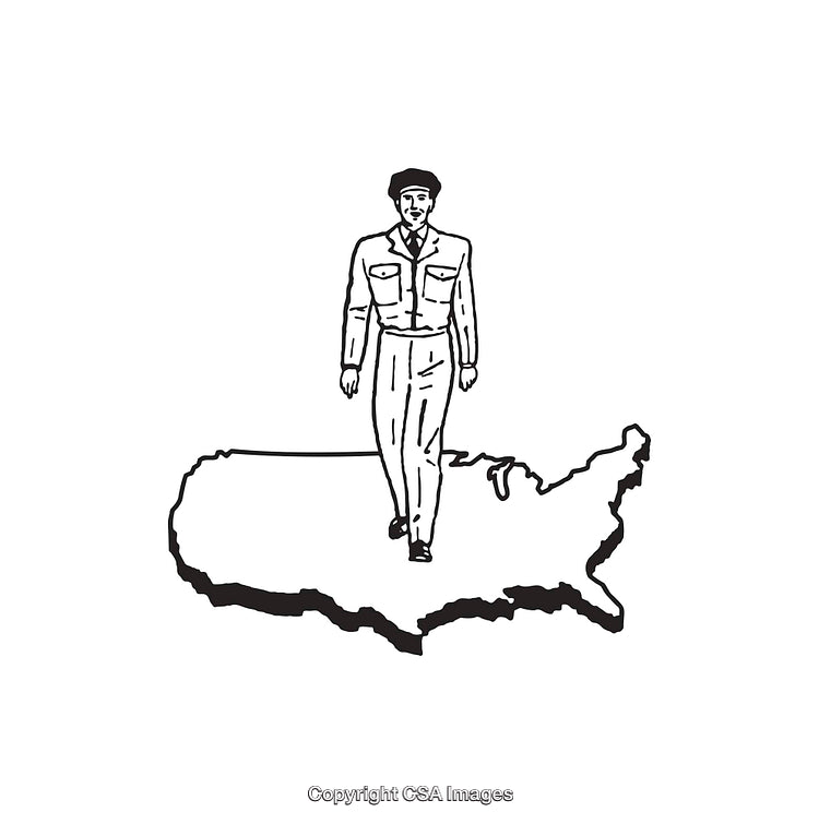 Black and White Illustration of Person Standing on United States Map Outline