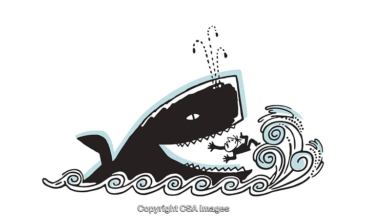 Cartoon Illustration of Whale and Man in Ocean with Splashing Waves
