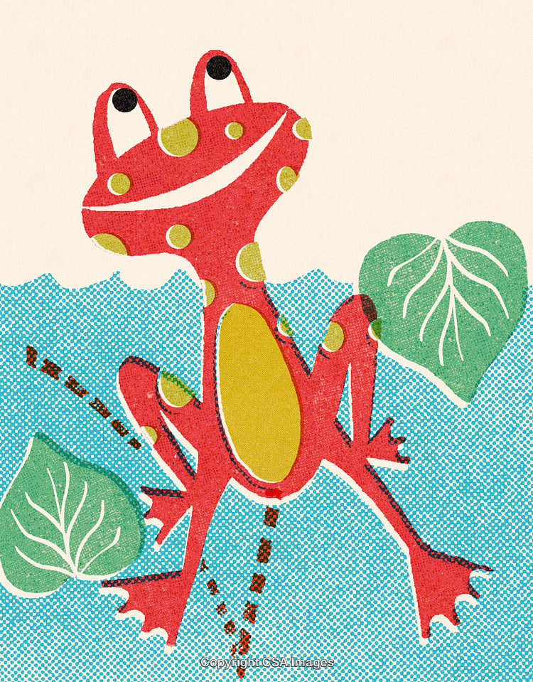 Whimsical Illustration of a Colorful Frog on Water with Lily Pads