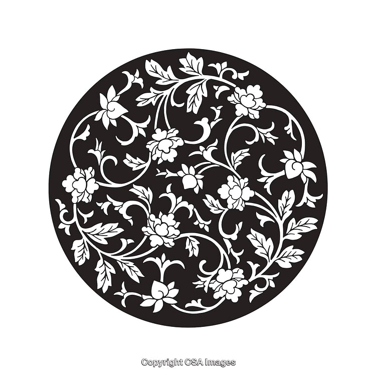 Circular Floral Black and White Illustration with Elegant Patterns