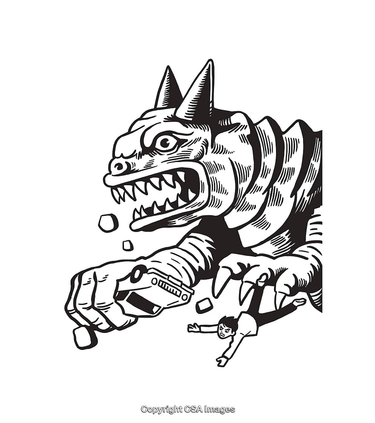 Black And White Illustration of a Monster Holding a Man and a Vehicle