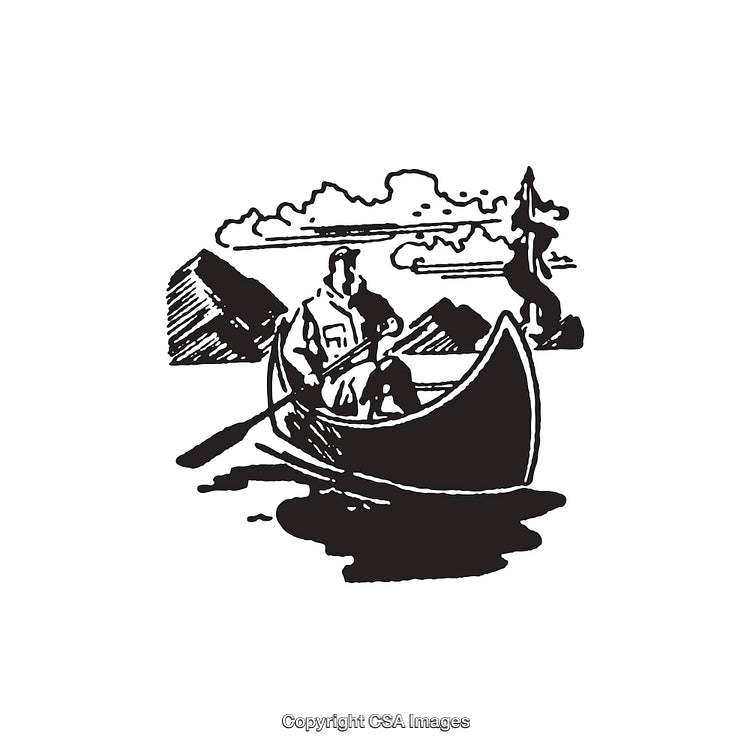 Vintage Black and White Canoe Illustration in a Scenic Outdoor Setting