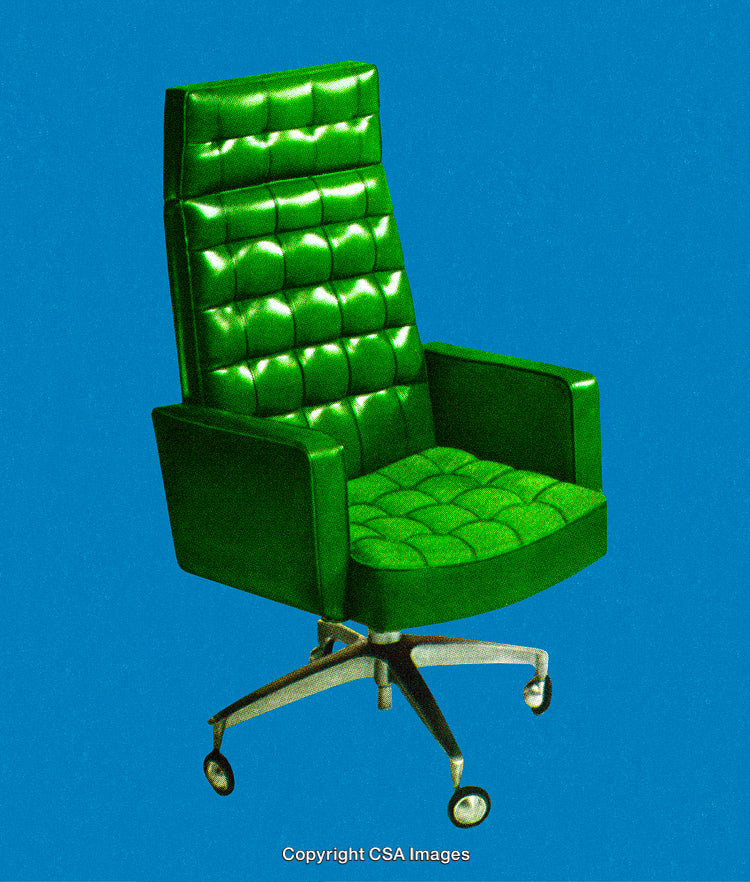 Vintage Green Office Chair With Tufted Leather and Wheels on Blue Background