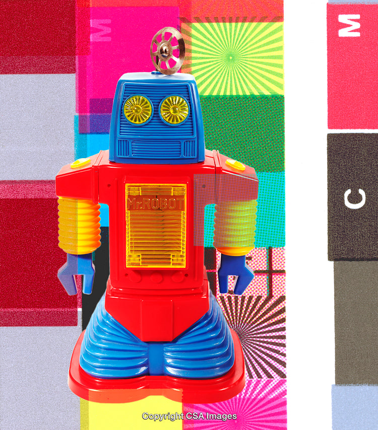 Colorful Vintage Robot Toy Against a Vibrant Geometric Background