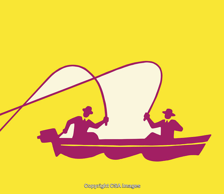 Two Fishermen Casting Lines in a Yellow and Purple Art Illustration