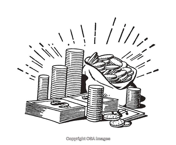 Stacked Coins and Banknotes Depicting Wealth and Prosperity in Line Art