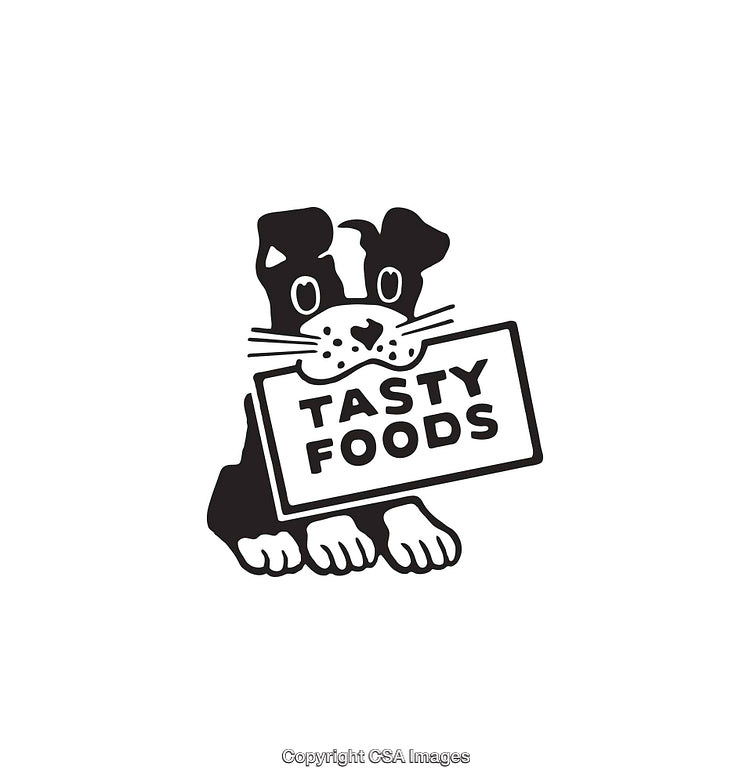 Black and White Illustration of a Dog Holding Tasty Foods Sign