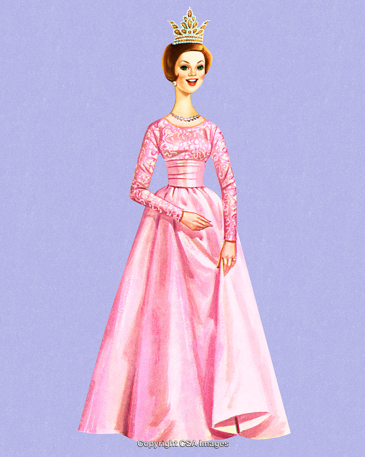 Elegant Illustration of a Woman in a Pink Gown and Royal Crown