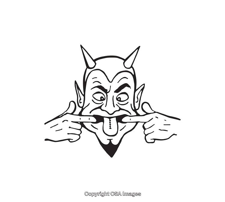 Black and White Line Art of a Devil Illustration Displaying a Playful Gesture