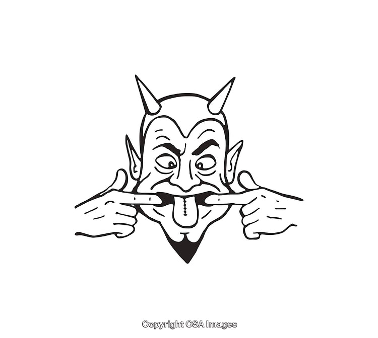 Black and White Line Art of a Devil Illustration Displaying a Playful Gesture