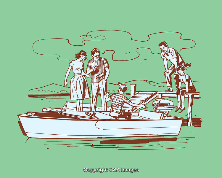 Group of Friends Enjoying a Lake Outing with a Motorboat