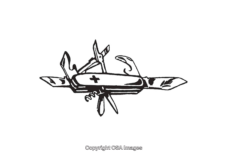 Illustrated Black and White Multi-Tool Knife Artwork with Accessories