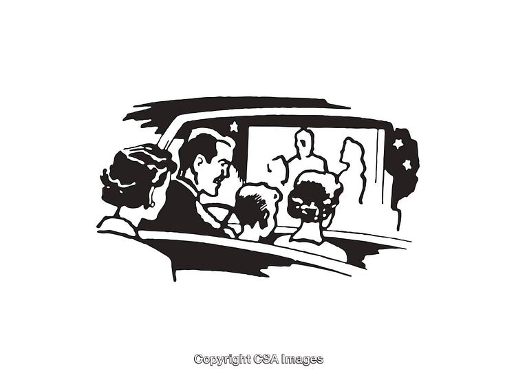 Family Enjoying Entertainment at an Outdoor Movie Theater in Line Art Style
