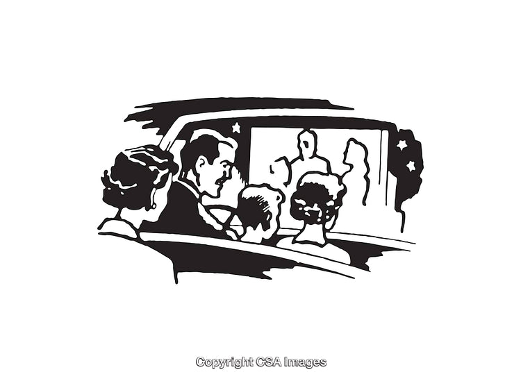 Family Enjoying Entertainment at an Outdoor Movie Theater in Line Art Style