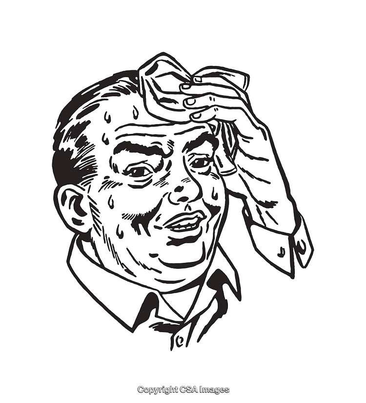 Vintage Line Art Depiction of a Sweating Concerned Man Wiping His Forehead