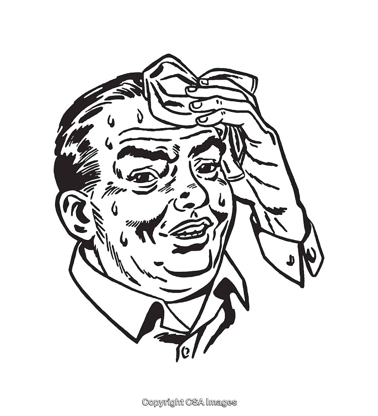 Vintage Line Art Depiction of a Sweating Concerned Man Wiping His Forehead