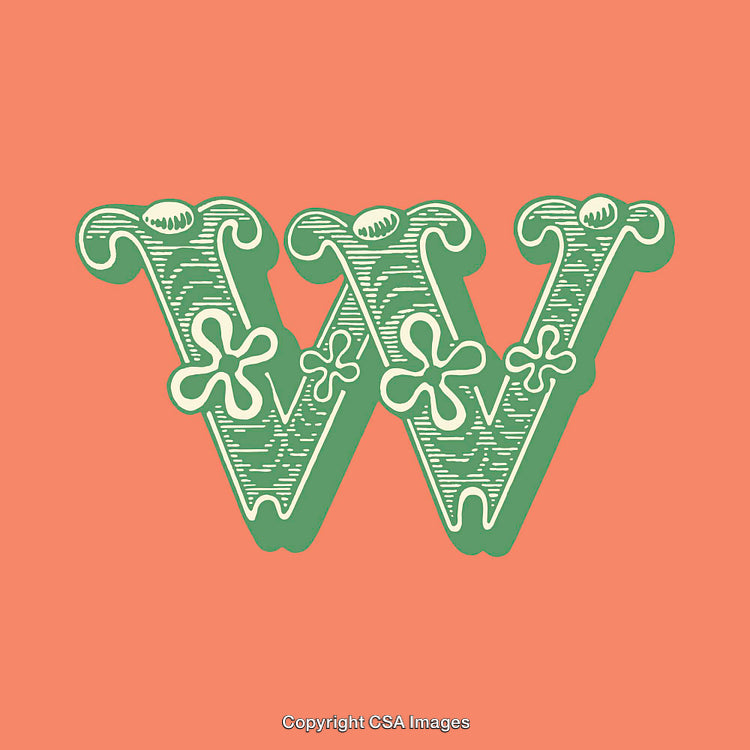 Intricate Letter W Design in Green Over a Vibrant Coral Background