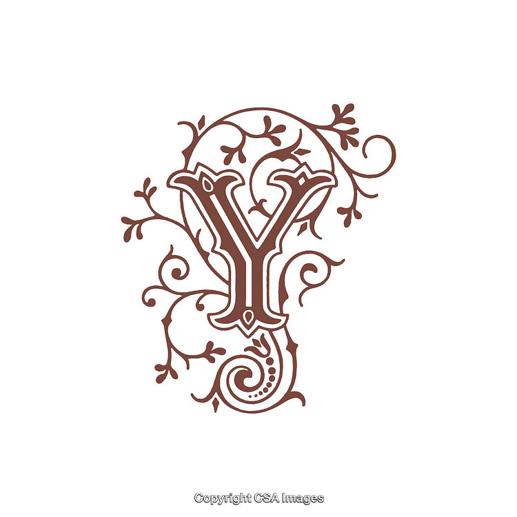 Ornate Decorative Letter Y With Floral Design Elements in Brown