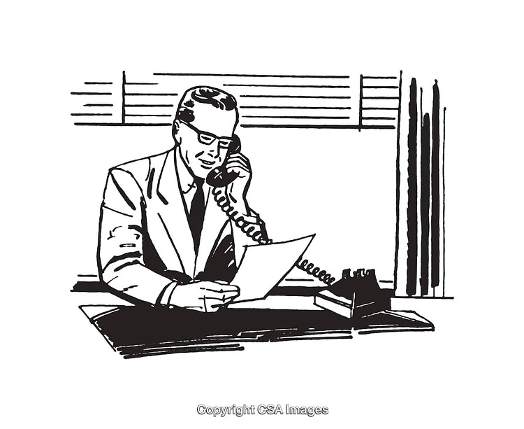 Black and White Illustration of a Businessman on a Telephone Call