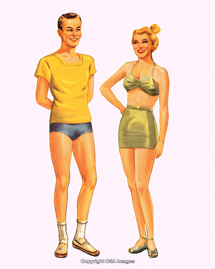 Retro Illustration of a Man and Woman in Vintage Swimwear