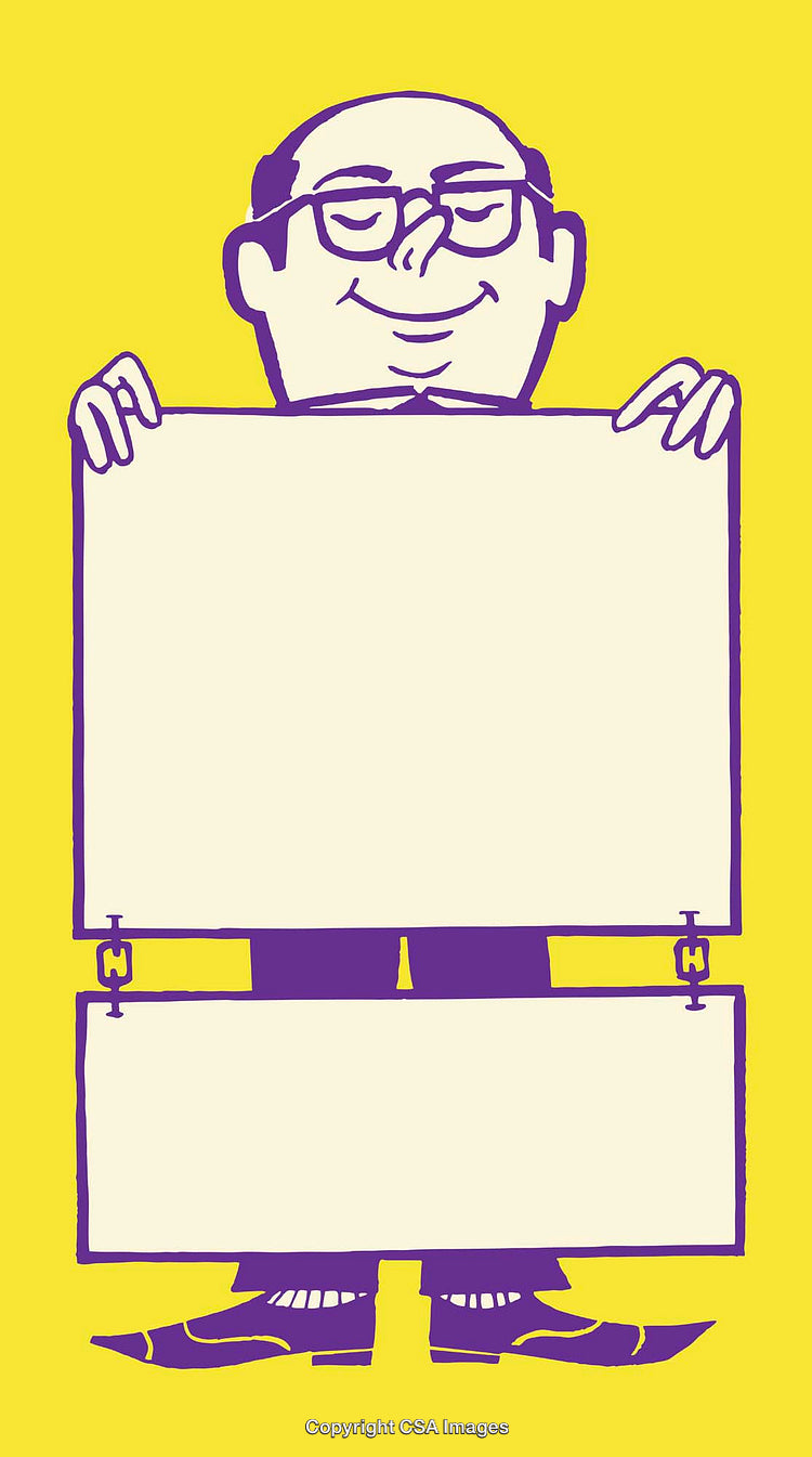 Minimalist Cartoon Illustration of a Character Holding Two Blank Signs