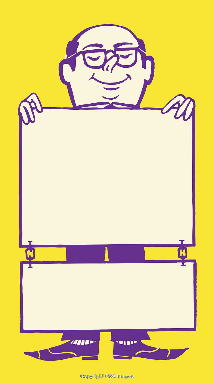 Minimalist Cartoon Illustration of a Character Holding Two Blank Signs