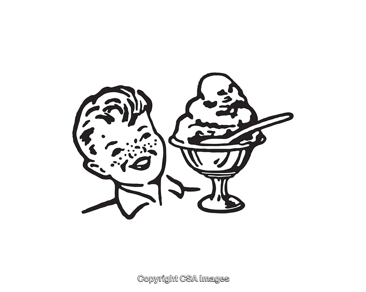 Vintage Line Art of a Boy and Ice Cream Sundae