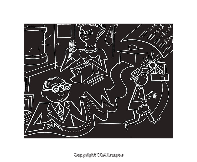 Black and White Line Art Illustration of a Business Scene