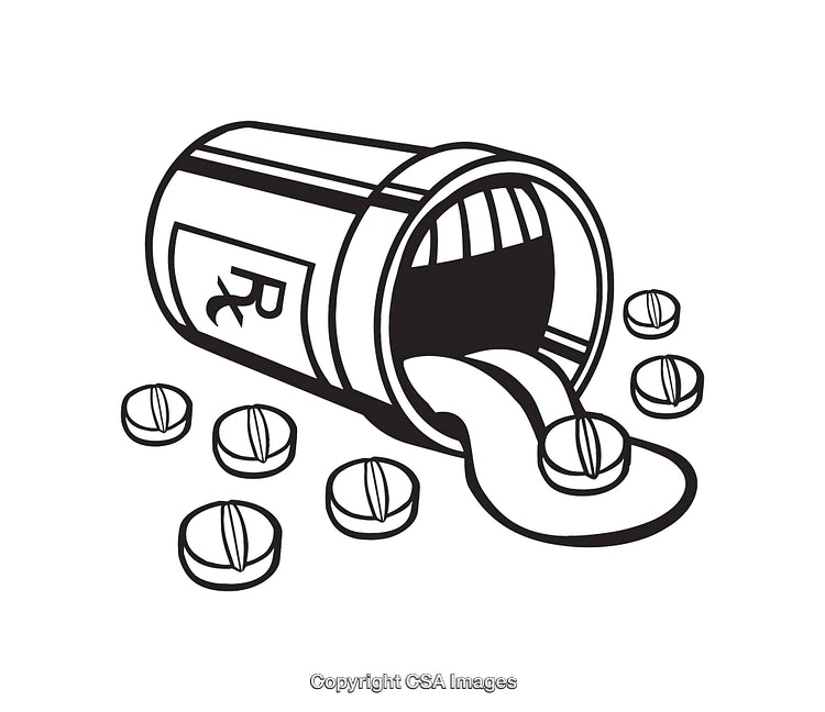 Black and White Line Art of Pharmacy Pill Bottle and Tablets